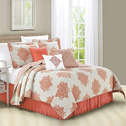  Home Soft Things Chelsea Printed Microfiber Quilts Coverlet Set Queen 90" X 90" Coral 6 Piece Bedding Set With Matching Shams Pillows, Medallion Design Soft Reversible Bedspread