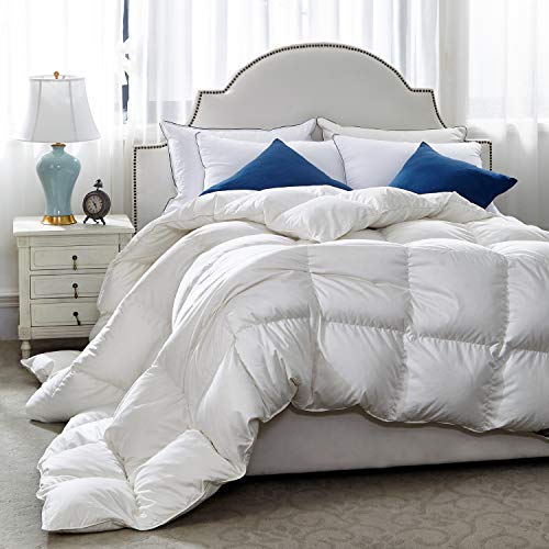  Premium Goose Feathers Down Comforter King Size All Season Medium Warmth Solid White 100% Cotton Cover Down Proof Duvet Insert With Corner Tabs, 60 Oz