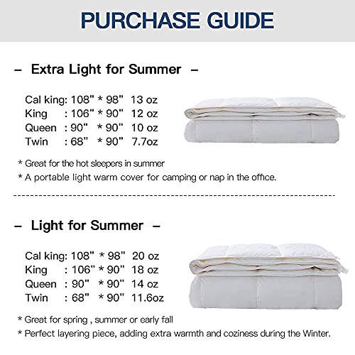  Down Blanket, Extra Lightweight Summer Comforter/Duvet Insert, Noiseless & Extra Soft, 400 Thread Count,King Size 106x90 Inches,12 Ounce Fill Weight, White……