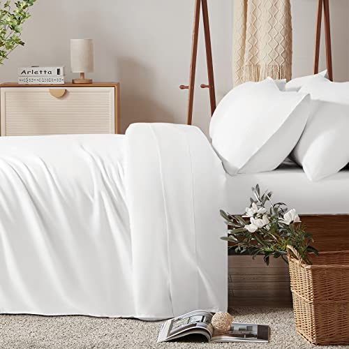  LBRO2M 100% Cotton 1200 Thread Count Sheets Set King Size,Bed Sheet 4 Piece Sets,16 Inches Deep Pocket,All Season,Bedding Super Soft Comforterble,White