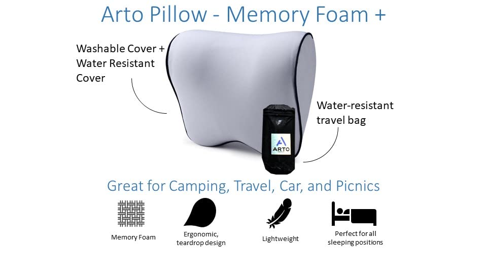  ARTO Pillow- Ergonomic Design, Memory Foam Travel Pillow. Neck Support For All Sleeping Positions. Water Resistant Cover (blue). Compact. Perfect For Camping, Picnics, And The Car