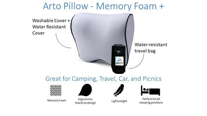  ARTO Pillow- Ergonomic Design, Memory Foam Travel Pillow. Neck Support For All Sleeping Positions. Water Resistant Cover (blue). Compact. Perfect For Camping, Picnics, And The Car