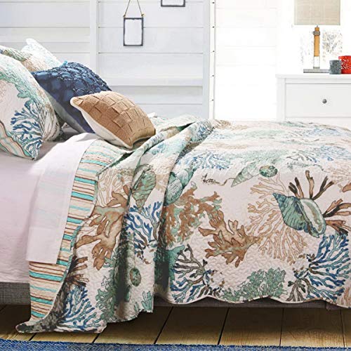 Beach Theme Ocean Coastal Quilt King/Cal King Bedding Set - Nautical Seashell Beach Tropical Decor - All Season 3 Pieces Bedspread/Coverlet With Shams Green