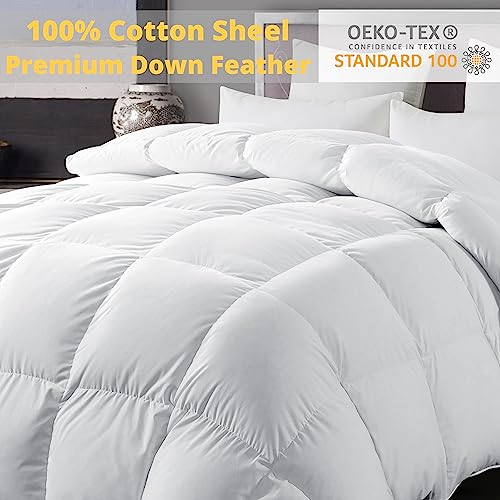  ELNIDO QUEEN Feather Down Comforter King Size - White Down Duvet Insert - Luxurious Fluffy Hotel Style Bedding Comforter - 100% Cotton Cover All Season Medium Warmth - King Size (106x90 Inch)