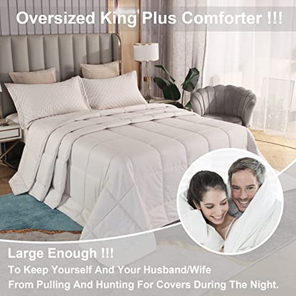  SOULOOOE 128x120 Oversized King Plus Comforter Extra Large King Size Quilts 3 Pieces Lightweight Reversible Down Alternative Cooling Summer Comforter For All Season With 8 Corner Tabs Beige