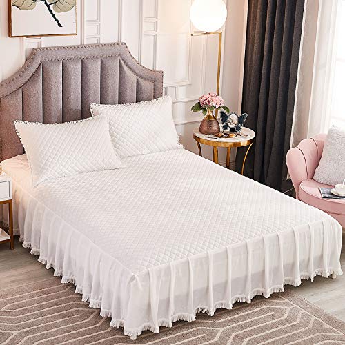  Diamond Quilted Velvet Bedspread Three Sides 18 Inches Deep Ruffles Drop Fitted Sheet Bed Skirt With Tassels Decorative Fringe (White, King)