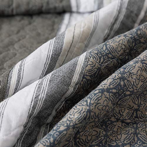  Madrona Striped Grey And White Throw Blanket - 50" X 60": 100% Cotton Modern Coverlet, Quilted Patchwork Bedspread, Modern Dark Olive Throw, Lap Bedding Quilt, Lightweight Couch Cover