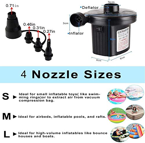  Lectric Air Pump - Air Mattress Pump For Inflatable Couch, Bed, Blow Up Pool Float Raft Boat Toy, Camping Swimming, Portable Quick-Fill Inflator/Deflator Pumps With 4 Nozzles , AC 110-120 Volt Black