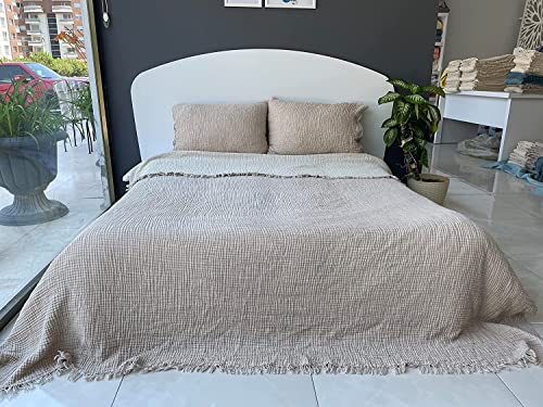  100% Cotton Muslin Throw Blanket, 4 Layers Bedspread, Soft Turkish Cotton Muslin Bed Cover, Reversible Coverlet, Mink (Two Pillowcase 20x30)