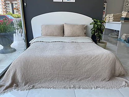  100% Cotton Muslin Throw Blanket, 4 Layers Bedspread, Soft Turkish Cotton Muslin Bed Cover, Reversible Coverlet, Mink (Two Pillowcase 20x30)