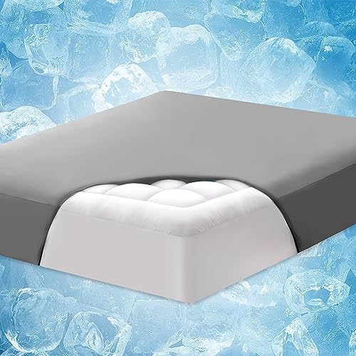  ELEMUSE Cooling Blue Queen Dual Layer Mattress Pad Cover, Cool-to-Touch Fitted Sheet Plus Soft Mattress Topper For Hot Sleepers, Supportive Pillowtop Mattress Protector With Fluffy Filling