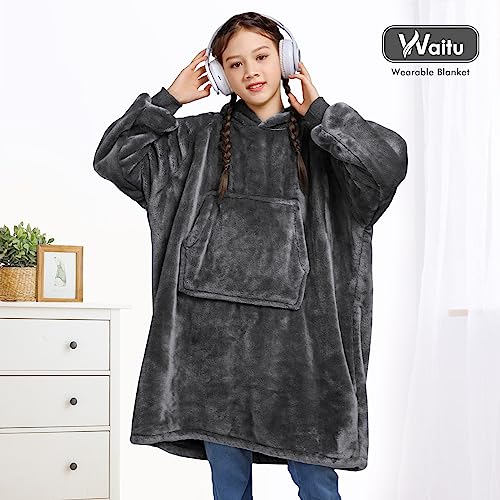  Waitu Wearable Blanket For Kids, Cozy Wearable Blanket Hoodie For Teens Girls And Boys, Warm Blanket Sweatshirt Gift For Teenage, Hoodie Blanket With Sleeves And Giant Pocket - Gray
