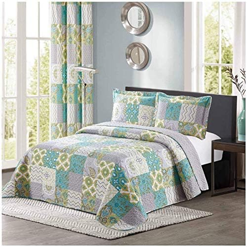  New 3pc Printed Modern Geometric Bedspread Coverlet Quilt Set Matching Curtains Available (King/Cal King Size, Blue/Green & Yellow)