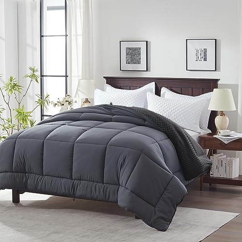  Songlibin Minky Dot Comforter King Size-Reversible King Comforters-Quilted Down Alternative Duvet Insert With Corner Tabs-All Season Lightweight Summer,Winter Bed Comforters(Dark Grey,King)