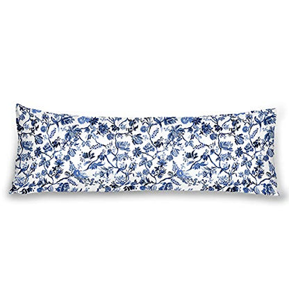  Body Pillowcase, Bohemian Flower Ultra Soft Colorful Velvet Full Long Body Pillow Covers 20 X 54 With Zipper, Total Boho Floral Body Pillow Protector, For Adults Women And Men (Blue White)