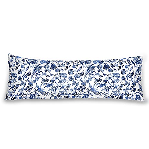  Body Pillowcase, Bohemian Flower Ultra Soft Colorful Velvet Full Long Body Pillow Covers 20 X 54 With Zipper, Total Boho Floral Body Pillow Protector, For Adults Women And Men (Blue White)