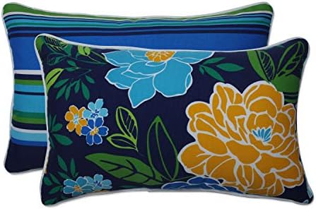  Pillow Perfect Reversible Floral Stripe Outdoor Throw Accent Pillow, Plush Fill, Weather, And Fade Resistant, Large Square - 18.5" X 18.5", Brown/Orange Annie, 2 Count