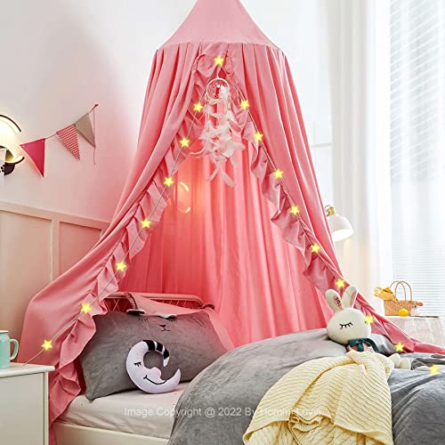  Hommi Lovvi Kids Bed Canopy, Dreamy Frills Canopy For Girls Bedroom Soft Ceiling Hanging Decoration Princess Canopy Net Reading Nook, Extra Large Full Size Bed Canopies With Light - Pink