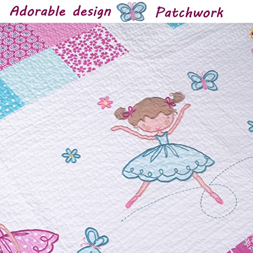  Cozy Line Home Fashions Ballerina Dance Princess Bedding Quilt Set, 100% Cotton Bedspread Coverlet Set (Pink Embroidered, Twin - 2 Piece)