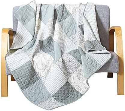  Madrona Striped Grey And White Throw Blanket - 50" X 60": 100% Cotton Modern Coverlet, Quilted Patchwork Bedspread, Modern Dark Olive Throw, Lap Bedding Quilt, Lightweight Couch Cover