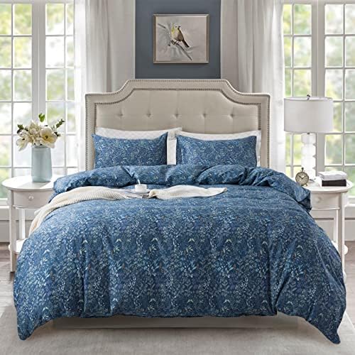 NEWLAKE Cotton Duvet Cover Queen Size - Soft Breathable Duvet Cover Set 3 Pieces With Zipper Closure, 1 Duvet Cover 90x90 Inches And 2 Pillow Shams, Navy Classic Floral Pattern