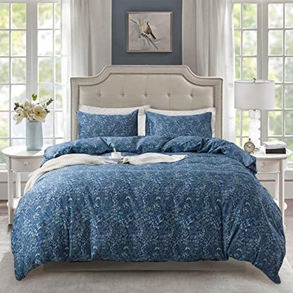  NEWLAKE Cotton Duvet Cover Queen Size - Soft Breathable Duvet Cover Set 3 Pieces With Zipper Closure, 1 Duvet Cover 90x90 Inches And 2 Pillow Shams, Navy Classic Floral Pattern