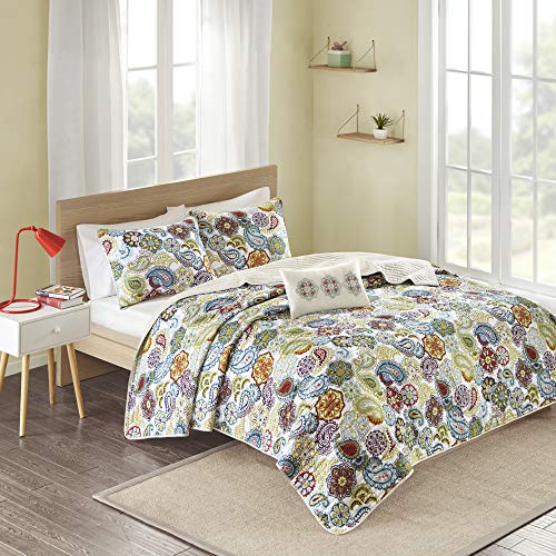  MI ZONE Cozy Quilt Set, Casual Modern Vibrant Color Design All Season Teen Bedding, Coverlet Bedspread, Decorative Pillow, Girls Bedroom Décor, King/Cal King, Tamil Colorful Paisley 4 Piece