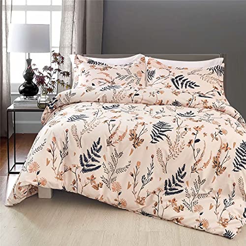  3 Pcs Blush Pink Floral Duvet Cover Set King Size, Soft Botanical Printed Microfiber Comforter Cover Zipper Closure Corner Ties