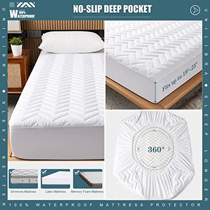  Queen Size Waterproof Mattress Protector Quilted, Breathable Ultra-Soft Filling Mattress Pad, Fitted Deep Pocket Mattress Cover Fits 6''-25'' Mattress