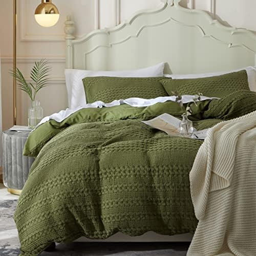  Waffle Weave Duvet Cover Set 100% Cotton Duvet Cover Queen Textured Khaki Duvet Cover Cozy Soft Breathable Queen Duvet Cover Skin-Friendly Luxury Comforter Cover Bedding Set All Season 90"x90"