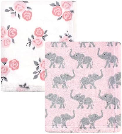 Hudson Baby Unisex Baby Cozy Plush Luxury Blankets 2pk, Pink Elephants, One Size