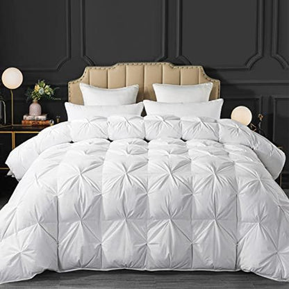  Feather Down Comforter Queen Size - All Season White Down Duvet Insert- Luxurious Hotel Bedding Comforters With 100% Cotton Cover - Queen 90 X 90 Inch