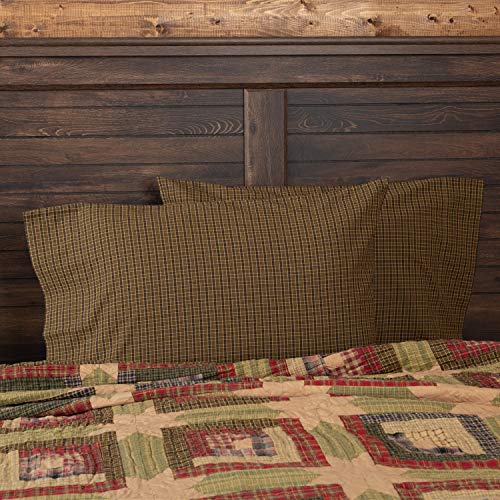  VHC Brands Tea Cabin Green Plaid Standard Pillow Case Set Of 2 21x30 Country Rustic Bedding Accessory, Moss Green