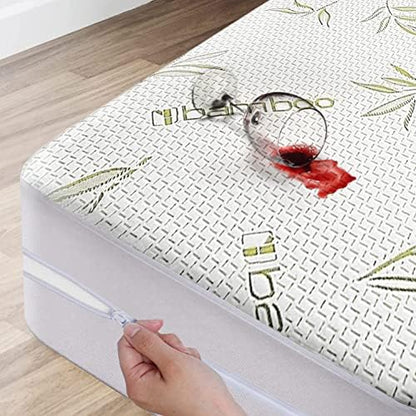  Bamboo Mattress Protector With Zipper - 100% Waterproof Queen Size Mattress Cover - Ultra Soft Jacquard Fabric Cooling Breathable Noiseless Mattress Pad Covers - Zippered Mattress Encasement