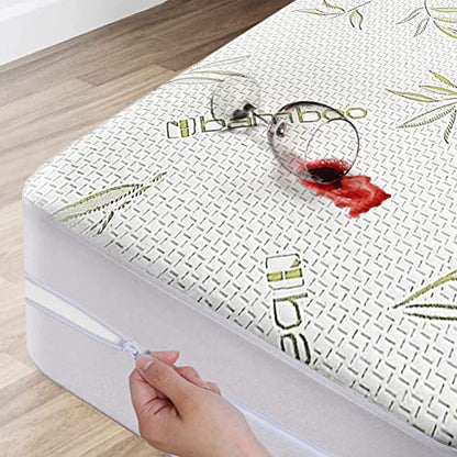  Bamboo Mattress Protector With Zipper - 100% Waterproof Queen Size Mattress Cover - Ultra Soft Jacquard Fabric Cooling Breathable Noiseless Mattress Pad Covers - Zippered Mattress Encasement