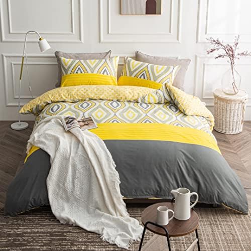 Yellow Duvet Cover Set Queen Size, 90" X 90" Soft Microfiber Duvet Covers With Geometric Pattern, 3 Pieces Reversible Duvet Cover Zipper Bedding Sets For All Seasons, Yellow & Grey