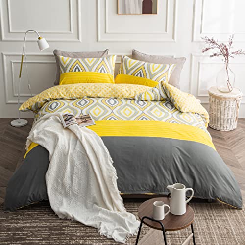  Yellow Duvet Cover Set Queen Size, 90" X 90" Soft Microfiber Duvet Covers With Geometric Pattern, 3 Pieces Reversible Duvet Cover Zipper Bedding Sets For All Seasons, Yellow & Grey