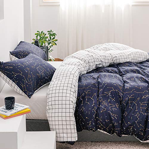 ECOCOTT Duvet Cover Queen, 100% Natural Cotton 1 Duvet Cover +2 Pillowcases Bedding Set,Navy And Cosmic Constellation Reversible Printed Pattern Soft Cozy Breathable And Durable Duvet Cover Set