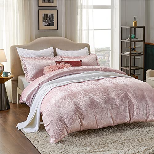  Bedsure Velvet Duvet Cover Set - Luxurious, Glossy Queen Duvet Cover Set, Pink Duvet Cover Queen With 2 Pillow Shams (Petal Pink, Queen, 90 X 90 Inches)