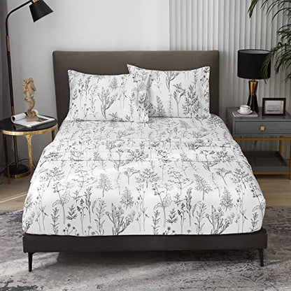  Floral Bed Sheets King Size, 18 Inches Deep Pocket Sheets 1800 Thread Count, Black And White Leaf Sheet Set Soft Breathable Cute Aesthetic Sheets Shabby Chic Bed Sheets,Oeko-Tex Certificated
