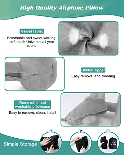  JefDiee Travel Pillow For Neck, Neck Pillows For Travel, Chin, Head Support, Airplane Pillow With Soft Washable Velour Cover, Hat, Portable Luxury Bag (Grey-1)