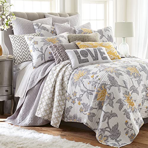  Levtex Home Reverie Full/Queen Cotton Quilt Set, Grey, White, Yellow, Floral