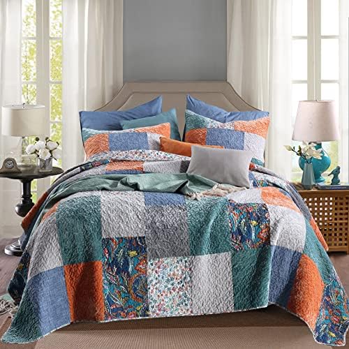  MaiuFun Cotton Bedspread Quilt Sets Queen/Full Size, Reversible Bohemian Floral Patchwork With Real Stitched Plaid Patterns, 3-Piece Bedding Coverlet For All Season (1 Quilt + 2 Pillow Shams)