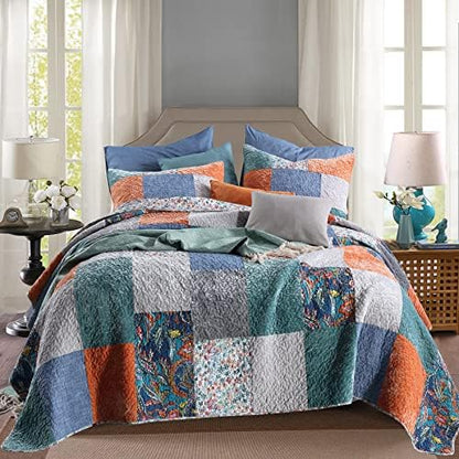  MaiuFun Cotton Bedspread Quilt Sets Queen/Full Size, Reversible Bohemian Floral Patchwork With Real Stitched Plaid Patterns, 3-Piece Bedding Coverlet For All Season (1 Quilt + 2 Pillow Shams)