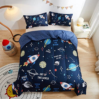  Beeweed 2 Piece Kid Comforter Set Twin Size, Space Rocket Bedding Set For Teen Boys Girls
