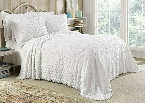  Style Master Kingston Tufted Floral Chenille Bedspread And Pillow SHAM Set, All Cotton (White, Queen)