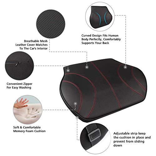  Au-kee Lumbar Support For Car, Genuine Leather Memory Foam Pillow Lower Back Cushion For Office Chair With Adjustable Strap (Black)