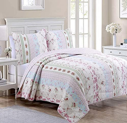  Cozy Line Home Fashions 100% Cotton Real Patchwork Floral Pink Rose Shabby Chic Girly Reversible Quilt Bedding Set, Coverlet Bedspread (La Rosa Rêve, King - 3 Piece)
