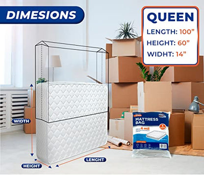 Ro Movers Supplies 1 Pack Queen Size Mattress Bag For Moving And Storage – 4 Mil Reusable Plastic Cover - Tear And Puncture Resistant - Non-Slip Grip - Queen Bed Mattress Cover