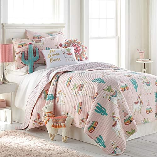  Levtex Home - Lima Llama Quilt Set - Full/Queen Quilt (88x92in.)+ Two Standard Pillow Shams (26x20in.) - Lots Of Llamas In White, Taupe, Orange, Green, Burgandy, Pink - Reversible - Cotton/Polyester